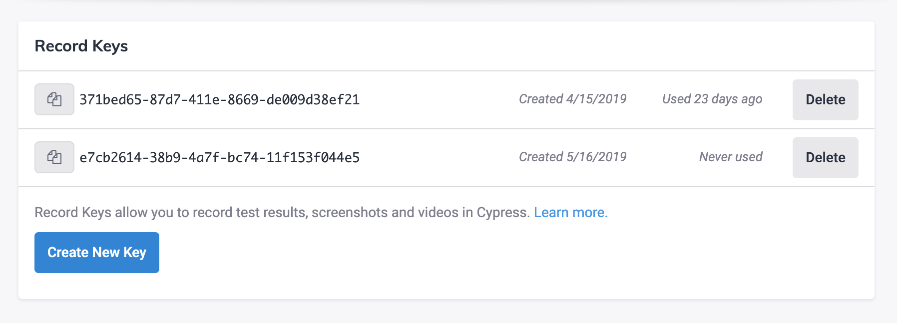 Record keys in Dashboard